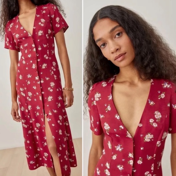 NEW Reformation Locklin Midi Dress - Cassia Red Floral